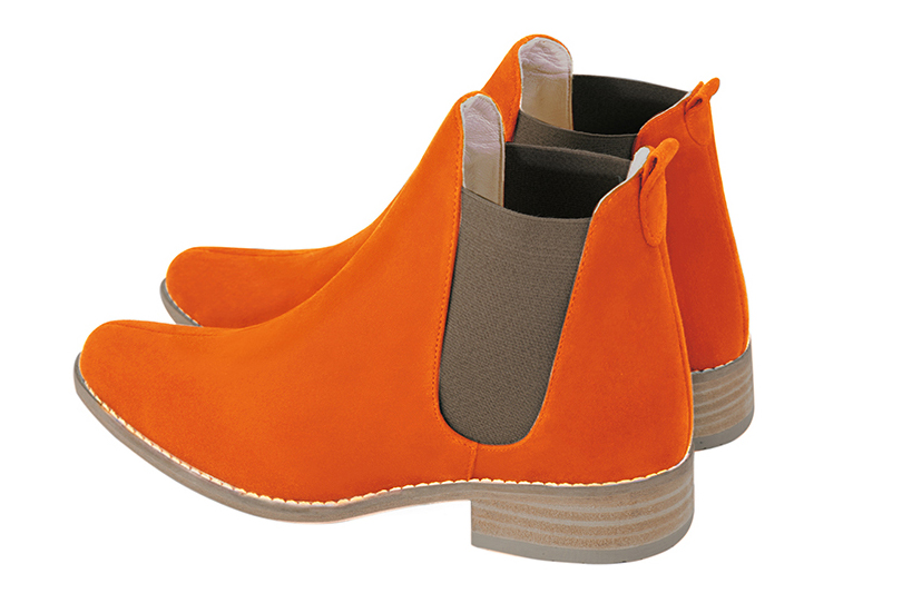 Clementine orange and taupe brown women's ankle boots, with elastics. Round toe. Flat leather soles. Rear view - Florence KOOIJMAN